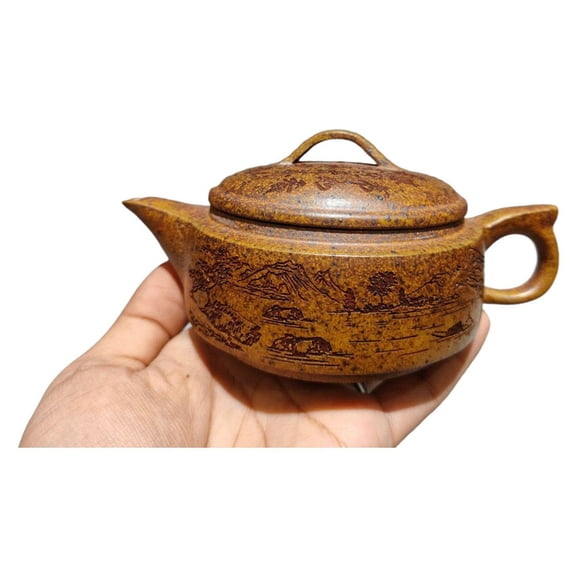 Chinese Clay Pot Purple Teaware White Tea Carved Engraved Dragon Scenic Landscape Flat Rounded Tile Shaped Style Vessel Rare