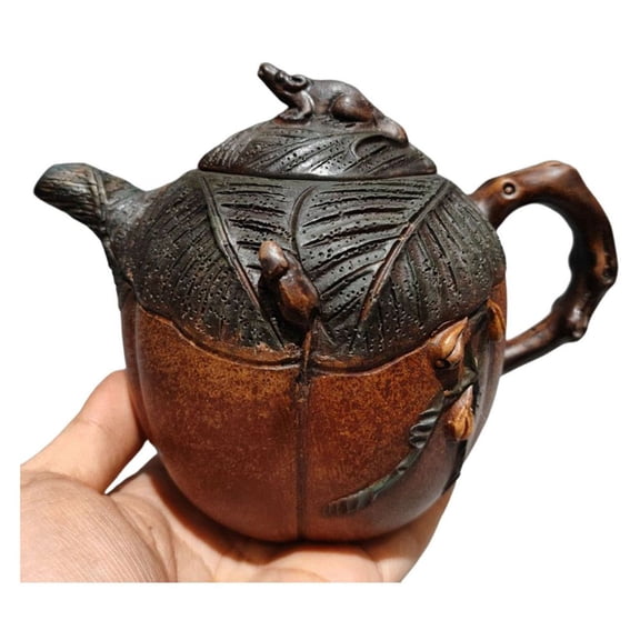 Chinese Clay Pot Purple Teaware White Tea Mouse Sculpture Gourd Shaped Pumpkin Biomorphic Naturalistic Banana Leaf Texture