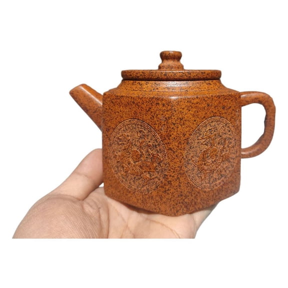 Chinese Clay Pot Purple Teaware White Tea Mythical Dragon Beast Embossed Relief Sculpted Hexagonal Six Sided Hexangular Faceted