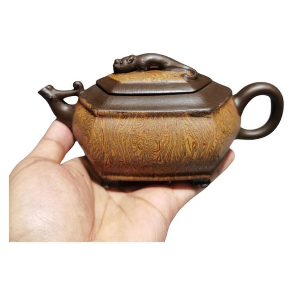 Chinese Clay Pot Purple Teaware White Tea Sculpted Hexagonal Swirl Geometric Swirled Marbling Relief Dragon Loong Statue