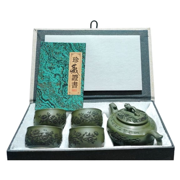 Chinese Clay Pot Traditional Tea Kettle Mesh Ruyi Phoenix Embossed Carved Etched Bird Blossom Scrolled Handle Streamlined Spout
