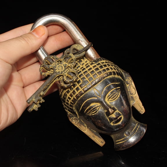 Chinese Copper Buddha Head Padlock Buddhist Collection Retro Anti-theft Lock