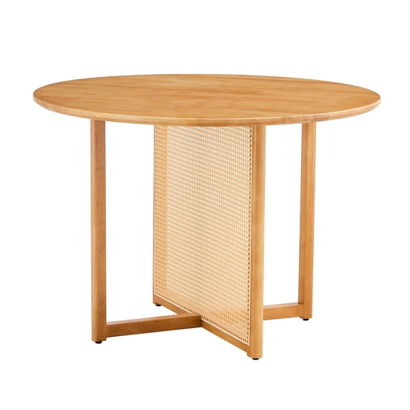 Chinese Country Retro Solid Wood Round Table, Simple Modern Faux Rattan Table, Wooden Dining & Desk Table. Perfect for dining room, living room and office.
