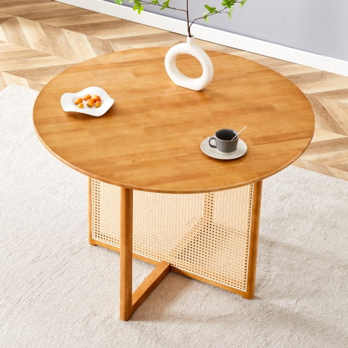 Chinese Countryside Retro Solid Wood Round Table with Imitation Rattan Design - Multi-Functional for Dining, Living & Office Spaces