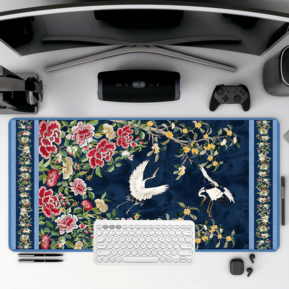 Chinese Crane and Peony Floral Mouse Pad 35.4 x 15.8 Inches Rubber Desk Mat for Office Home Use