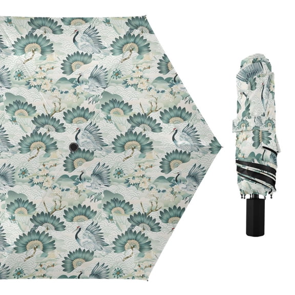 Chinese Cranes Birds and Flowers Compact Sun Umbrella Windproof Travel Umbrellas for Rain Strong Portable UV Protection