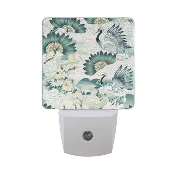 Chinese Cranes Birds and Flowers Night Light 2 Pack LED Nightlight Plug into Wall Dusk to Dawn Sensor Soft White