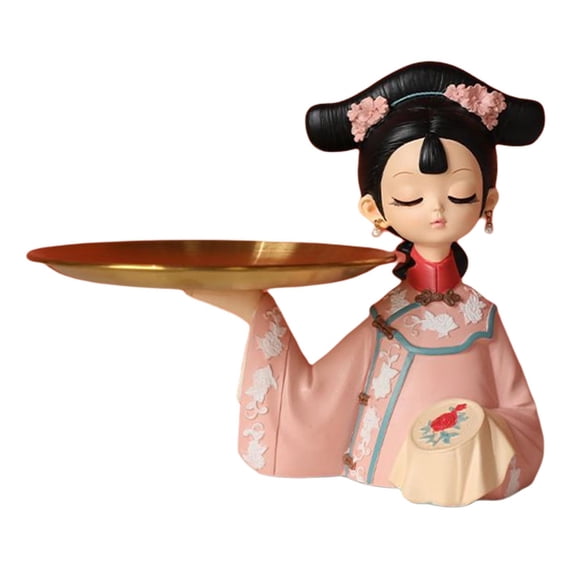 Chinese Creative Girl Figurine Cookie Modern Entrance Key Holder Collectible Sculpture Jewelry Trinket Tray Statue Home Decor , 18x15cm