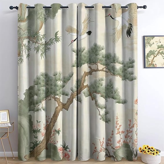 Chinese Creative Patterns Blackout Curtains, Light Yellow Drapes, Top Grommet Darkening Thermal Insulated Window Curtain for Bedroom Kitchen 26"W x 45"L (Pack of 2)