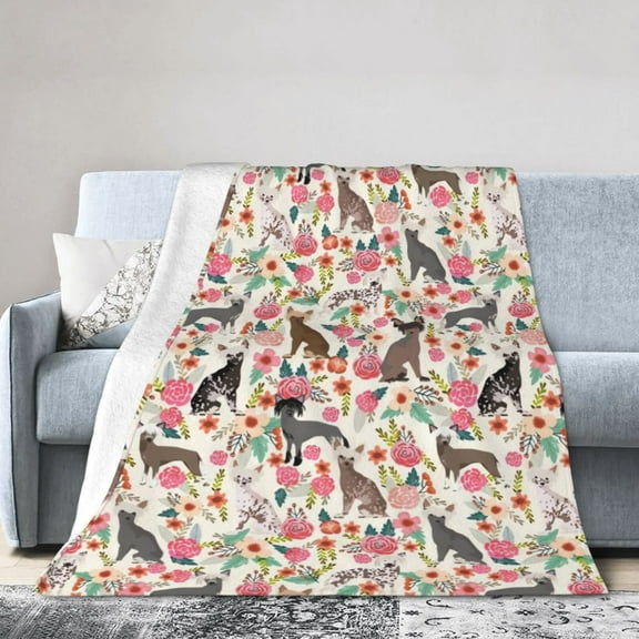 Chinese Crested Dog Floral Flower Blanket Gifts For Kids Adults - Lightweight Throw Blanket For Bedroom Living Room Decor Soft Fuzzy Fleece Cozy Plush Bed Couch 50"X40"