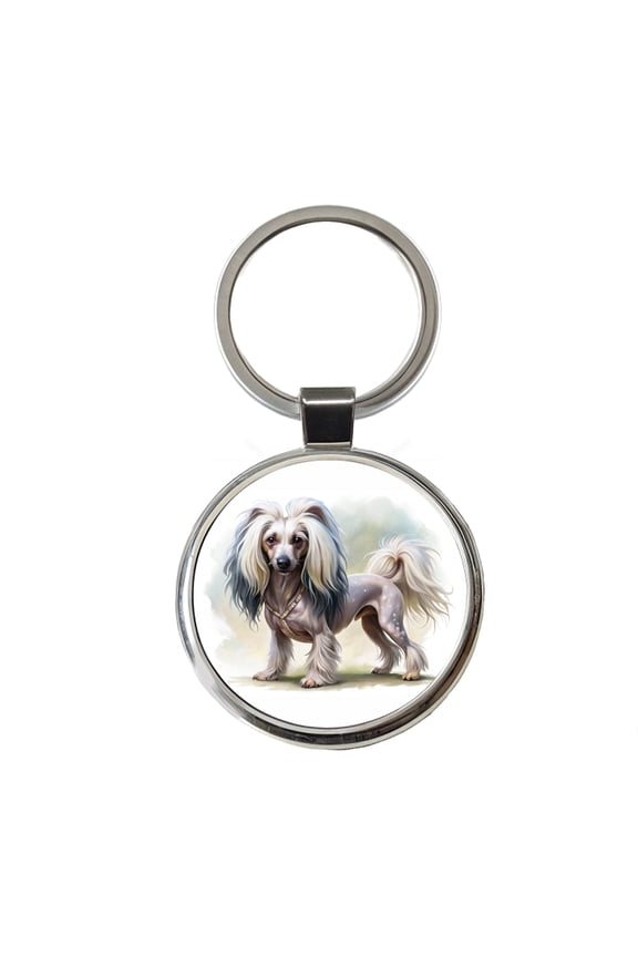 Chinese Crested Dog Illustration Metal Round Keychain