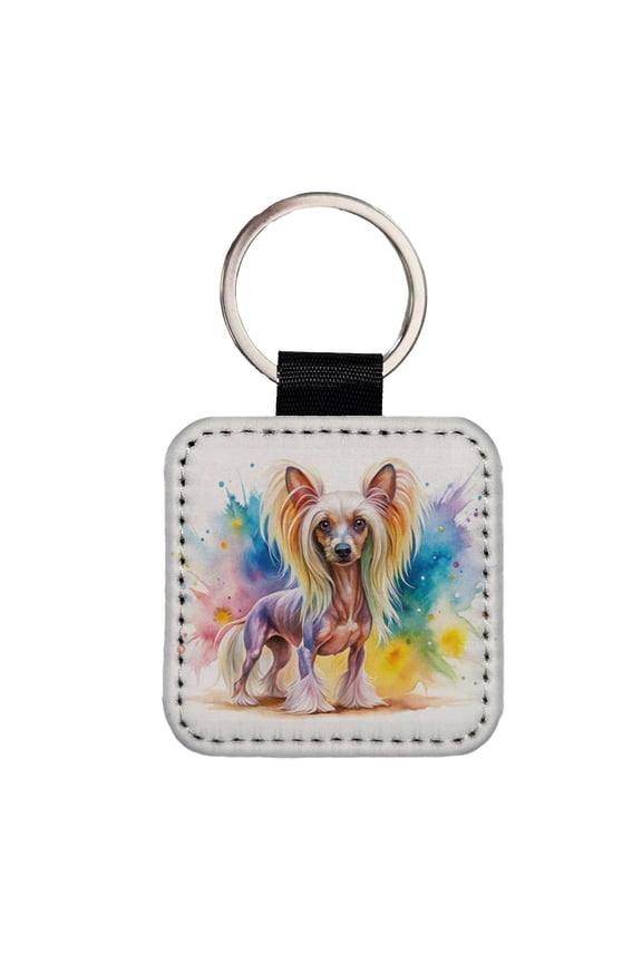 Chinese Crested Dog Watercolor Style Faux Leather Square Keychain