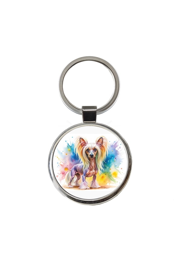 Chinese Crested Dog Watercolor Style Metal Round Keychain