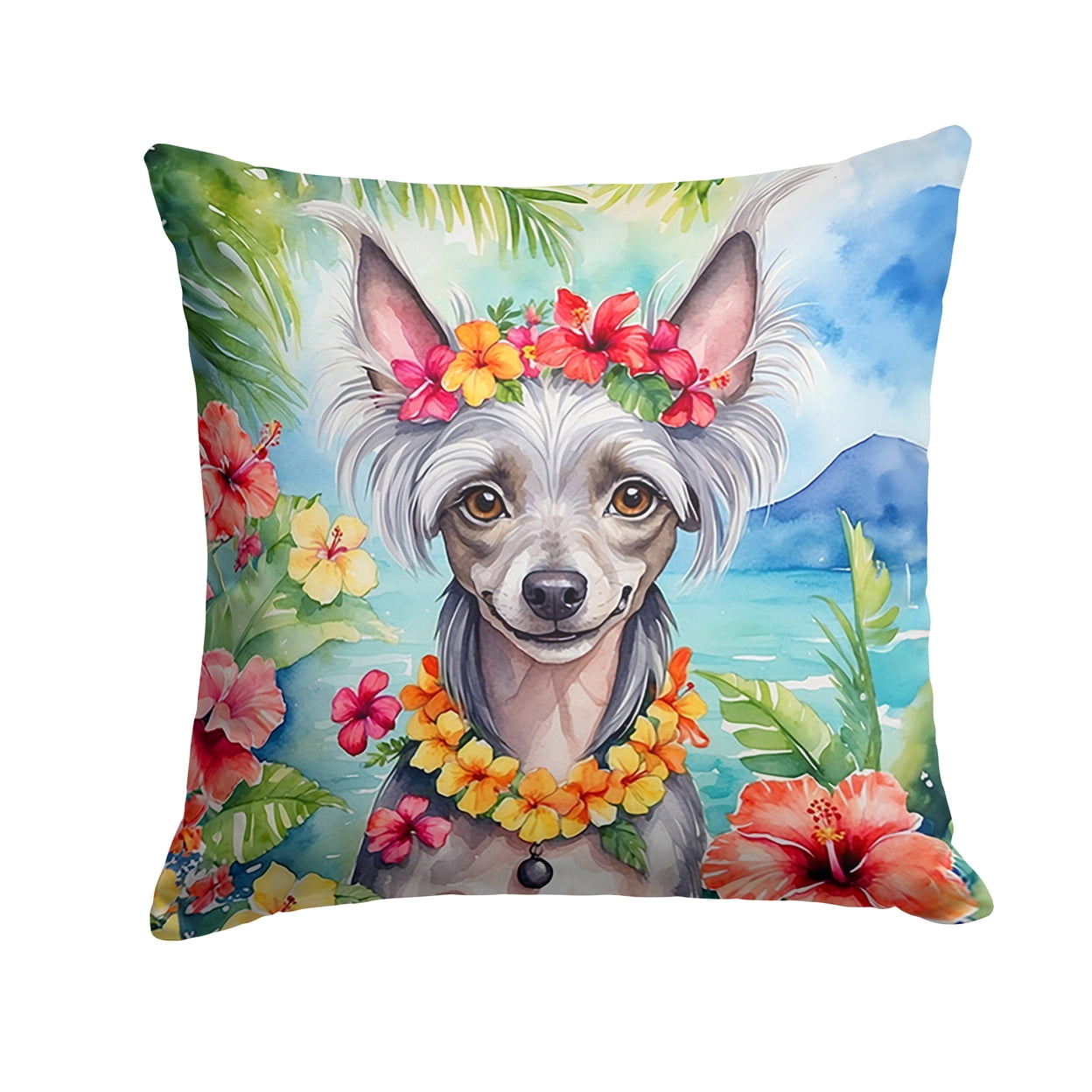Chinese Crested Luau Throw Pillow 18 in x 18 in