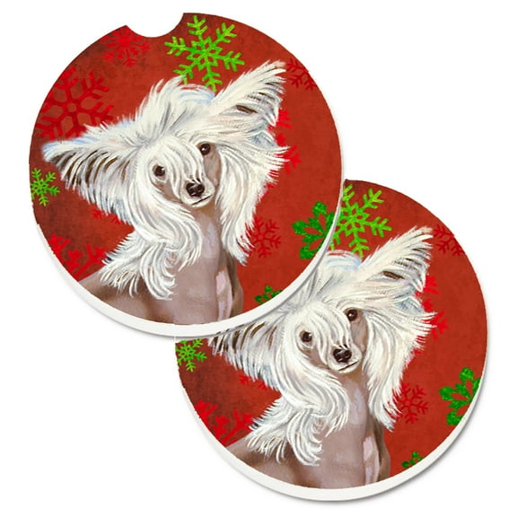 Chinese Crested Red and Green Snowflakes Holiday Christmas Set of 2 Cup Holder Car Coasters