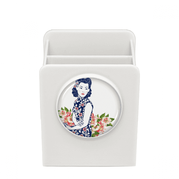 Chinese Culture Blue Flower Woman Desk Pencil Holder Cup Pen Organizer