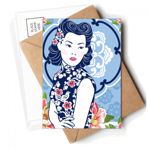 Chinese Culture Blue Flower Woman Postcards Envelopes Blank Note Cards Mailing