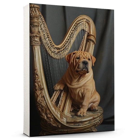 Chinese Cute Dog Harp Stretched Canvas Size 8x12 – Retro Chinese Dog Batter in Action With Harp for Themed Living Room