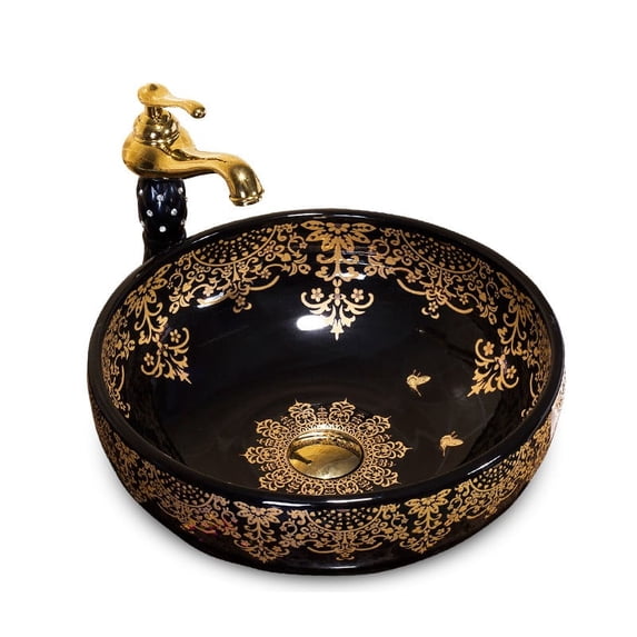 Chinese Design Sanitary Ware Black Flower Cabinet Basin Ceramic Toilet Hand Basin Wash Basin Bathroom Countertop Mounted