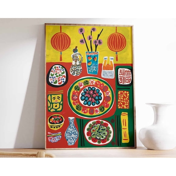 Chinese Dinner Table Food Illustration Wall Art Print, Unframed Paper Poster 8x10in
