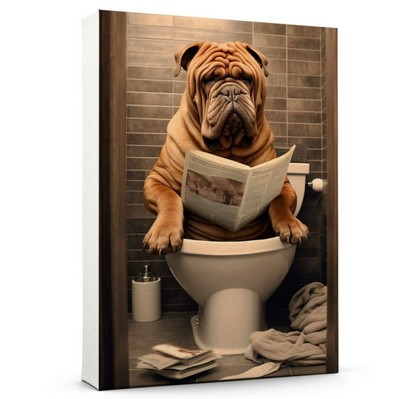 Chinese Dog Canvas Wall Art for Bedroom Living Room Home Decor,Funny Dog Canvas Sitting on The Toilet Animal Pattern Office Artworks, modern wall decor, Ready to Hang