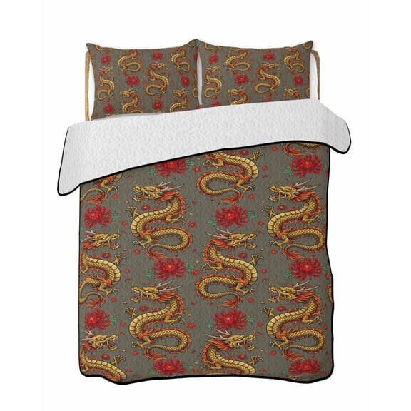 Chinese Dragon 3 Piece Quilt Bedding Set with 2 Pillow Shams, Retro Red Flower Abstract Gray Background Lightweight Bedspread Coverlet, Soft Breathable All Season Quilt, 68 x 98 Inch