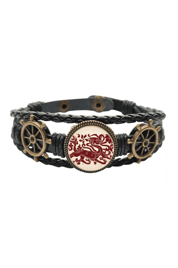 Chinese Dragon Animal Portrait Leather Braided Ocean Bracelet Wristband