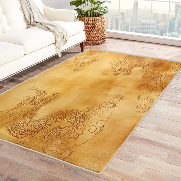 Chinese Dragon Area Rugs, Asian Gold Carpet, Washable Non Slip Low Pile Soft Rug for Bedroom Living Room Decor Mat 2x3ft