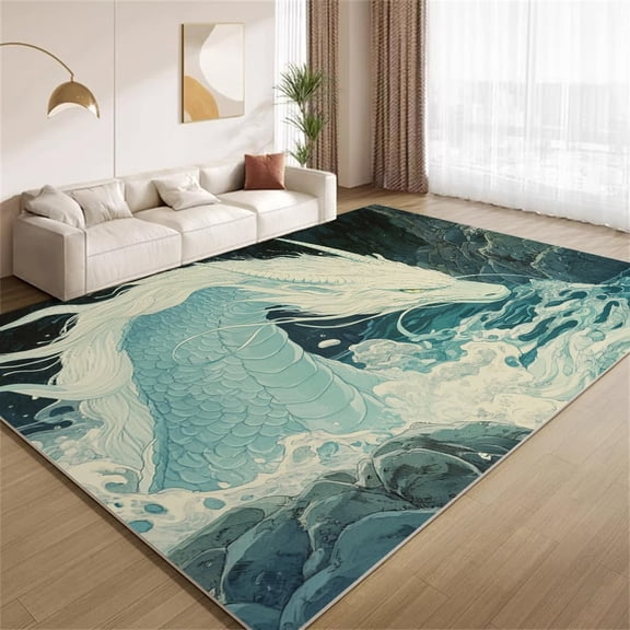 Chinese Dragon Area Rugs, Painted Chinese Style Pattern Carpet, Washable Non Slip Low Pile Soft Rug for Living Room Bedroom Office Decor Mat 5ftx8ft