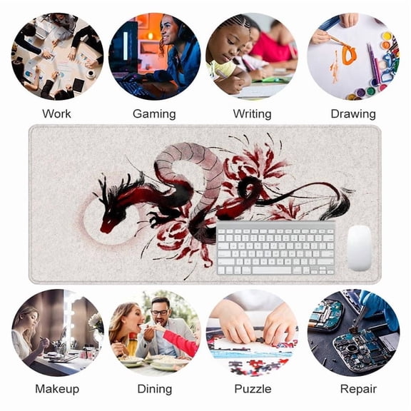 Chinese Dragon Art Mouse Pad 31.5 x 11.82 Inches Rubber Desk Mat with Red Black Ink Design for Office Gaming Home Use