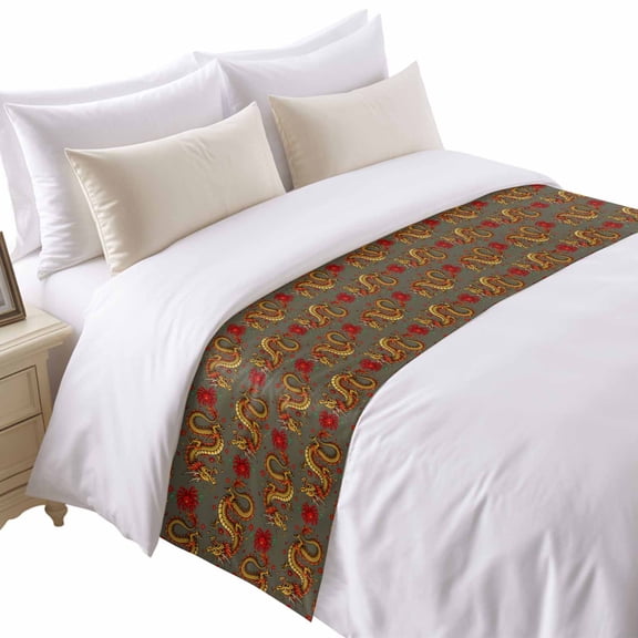 Chinese Dragon Bed Runner for Cal King Size Bed, Retro Red Flower Abstract Gray Background Soft Bedding Scarf Bedding Protector Slipcover Sofa Throw for Bedroom Hotel Guesthouse