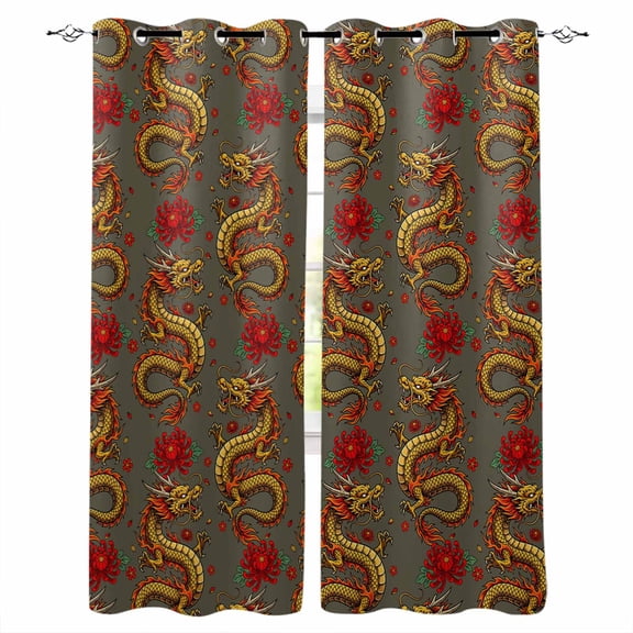 Chinese Dragon Blackout Curtains 63 Inch Length Retro Red Flower Abstract Gray Background Thermal Insulated Window Curtain Window Drapes 2 Panels for Bedroom Living Room 42"Wx63"L