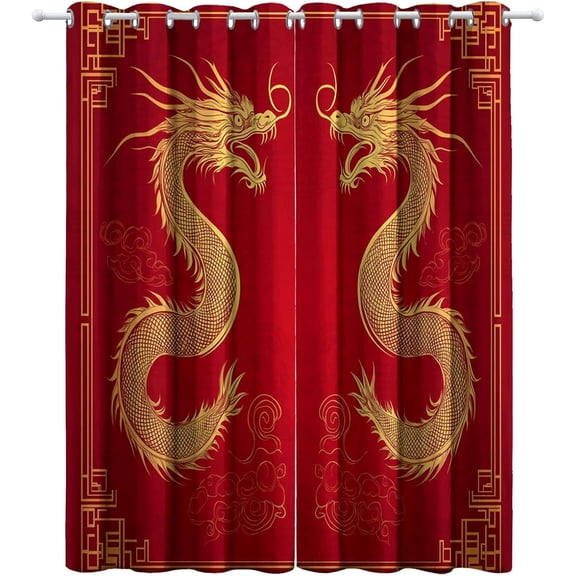 Chinese Dragon Blackout Curtains, Retro Oriental Pattern Window Drapes for Bedroom Living Room Kitchen, Thermal Insulated Grommet Curtains 26"W x 45"L (Pack of 2)