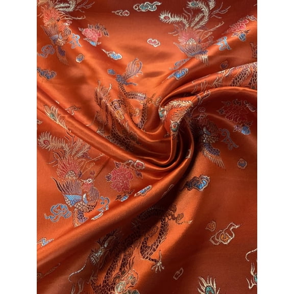 Burlap Fabrics Chinese Dragon Brocade Fabric Orange - 44 to 45 Inch Wide Metallic Sheen Sold by the Yard