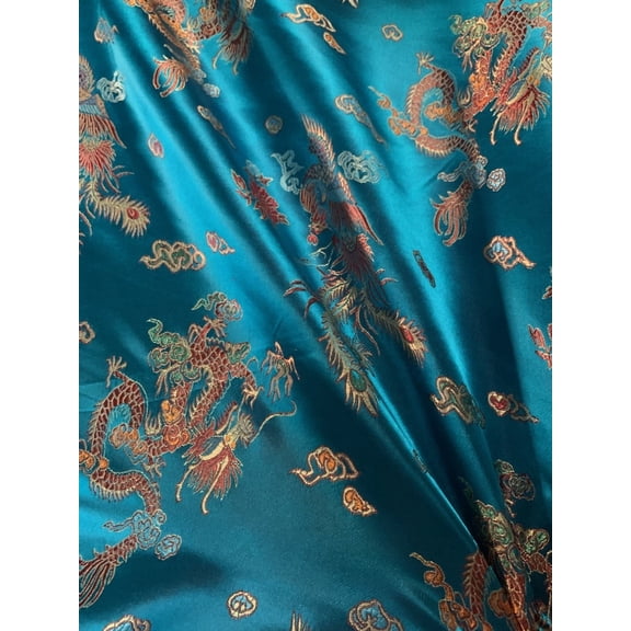 Burlap Fabrics Chinese Dragon Brocade Fabric Turquoise - 44 to 45 Inch Wide Metallic Sheen Sold by the Yard