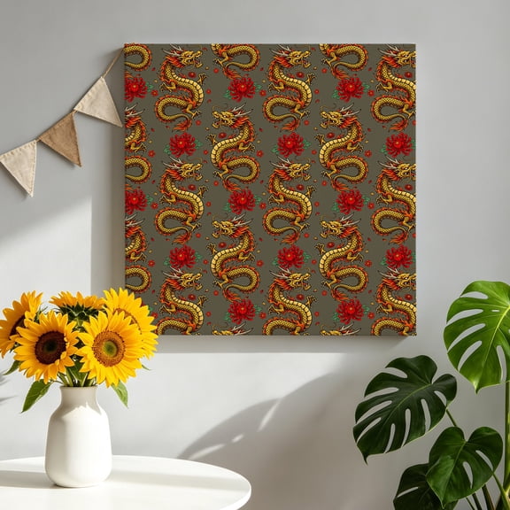 Chinese Dragon Canvas Wall Art, Retro Red Flower Abstract Gray Background Framed Canvas Wall Decor Picture Print Artwork Decorations for Living Room Office Ready to Hang 8" x 8"