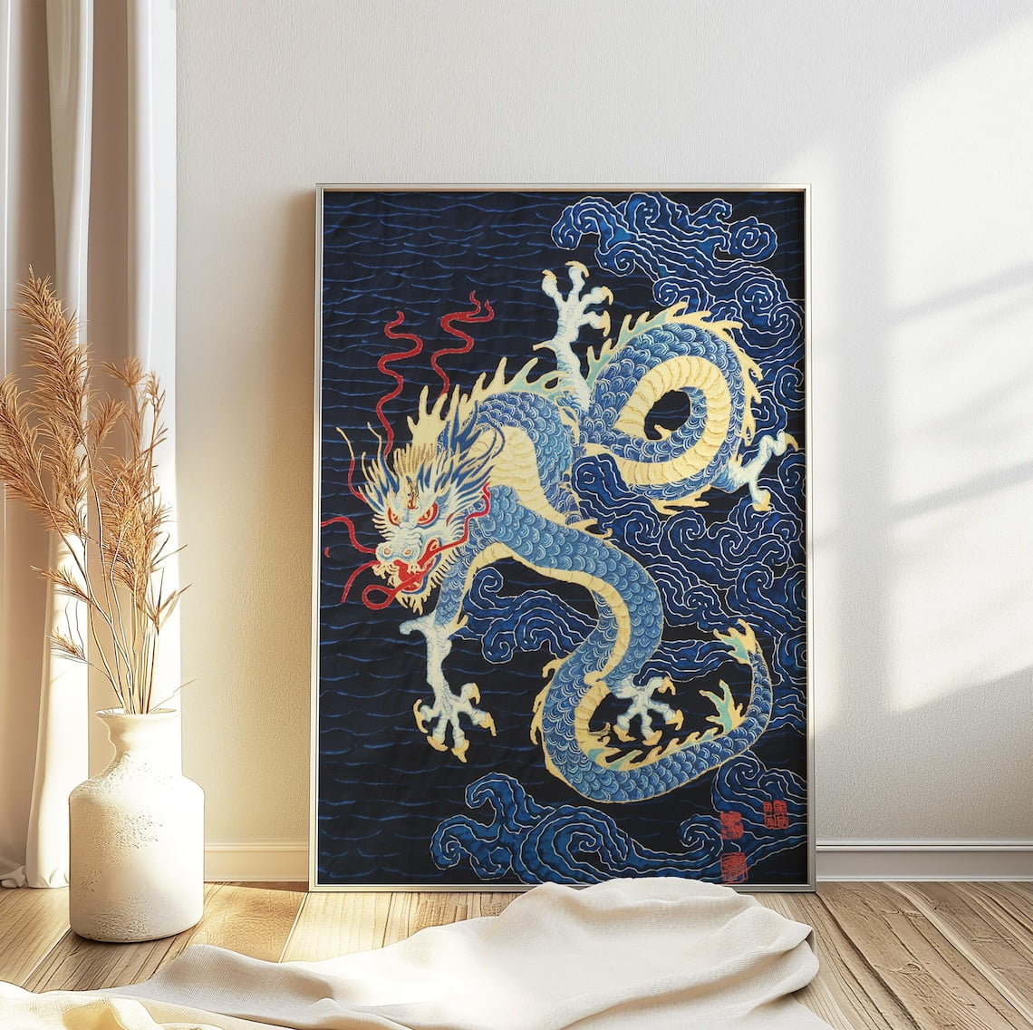 Chinese Dragon Feng Shui Asian Oriental Floral Mythology Wall Art Print ...