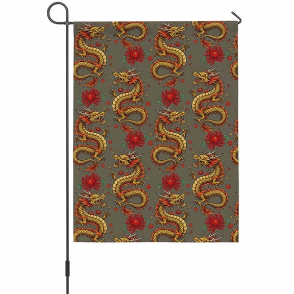 Chinese Dragon Garden Flag 12 x 18 Inches, Retro Red Flower Abstract Gray Background Weather Proof Outdoor Patio Flags Double Sided Small Garden Decoration for Yard Outside Home