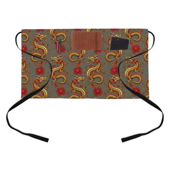 Chinese Dragon Half Waist Apron Retro Red Flower Abstract Gray Background Short Waiter Aprons with 3 Pockets for Women Men Kitchen Restaurant Cooking