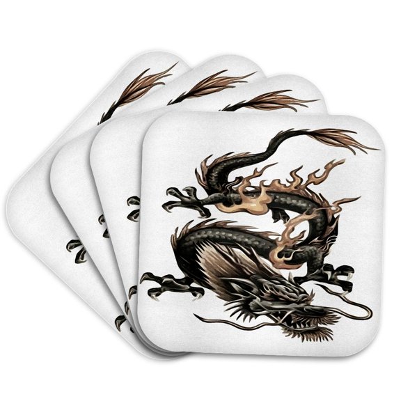 3drose, Chinese Dragon in Grey and Gold Colors Isolated on White, Set of 4 Coasters - Soft