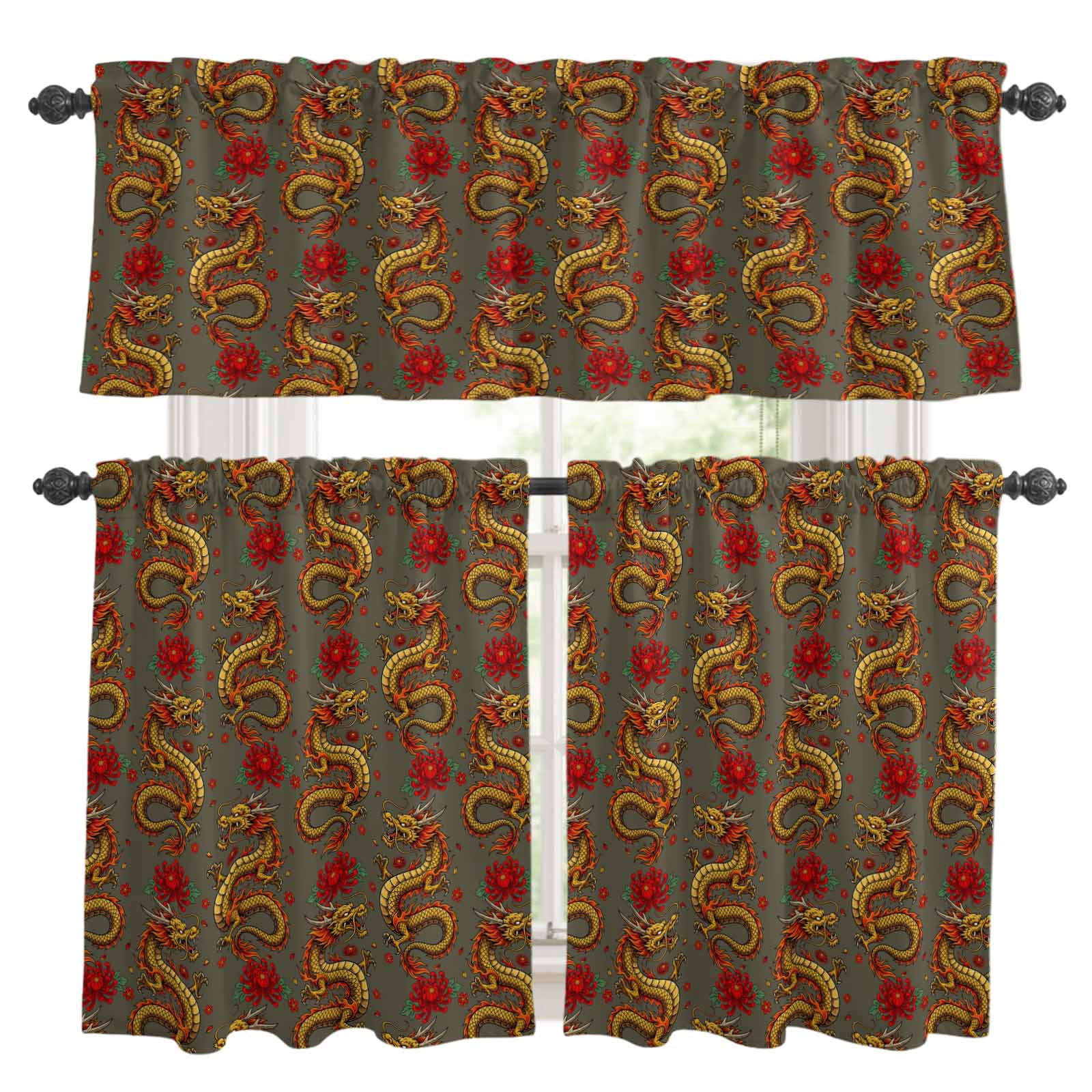 Chinese Pattern Valances Chinese Dragon Kitchen Curtains Valances and Tiers Set of 3 Retro Red ...