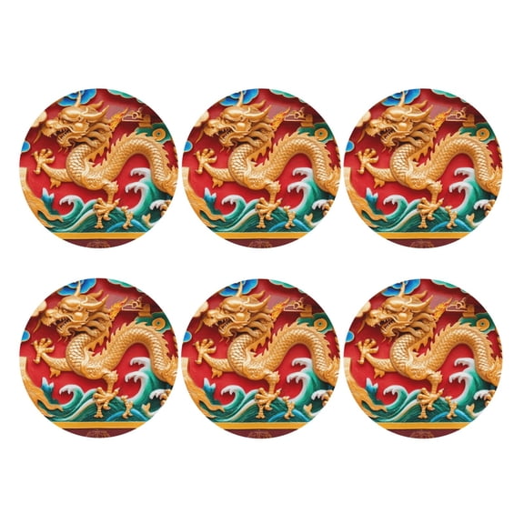 Chinese Dragon Leather Coasters for Drinks Perfect for Living Room, Kitchen, or Outdoor Use Set of 6 Round Shape