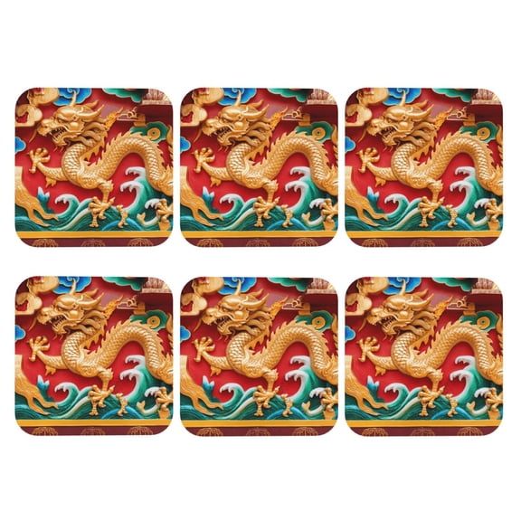 Chinese Dragon Leather Coasters for Drinks Perfect for Living Room, Kitchen, or Outdoor Use Set of 6 Square