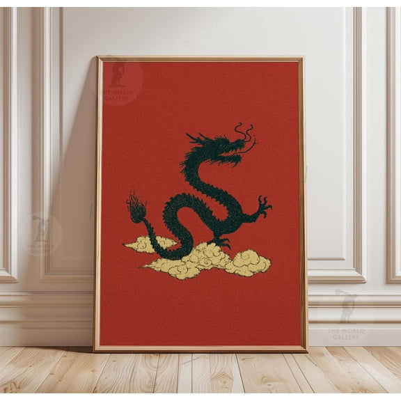 Chinese Dragon Poster Minimal Asian Wall Art Mythical Red Decor Art, Unframed Poster