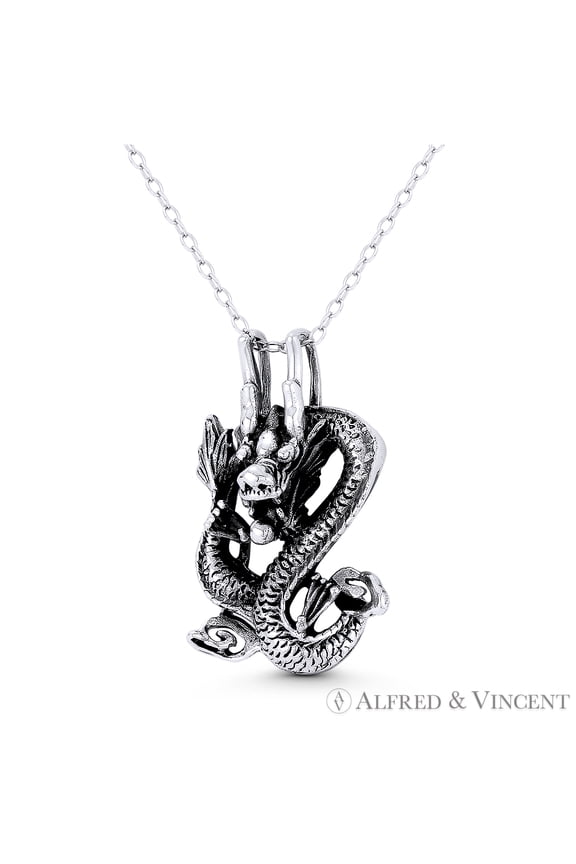 Chinese Dragon Shenlong Feng Shui Good Luck Charm 29x17mm (1.1x0.7in) Pendant in Oxidized .925 Sterling Silver