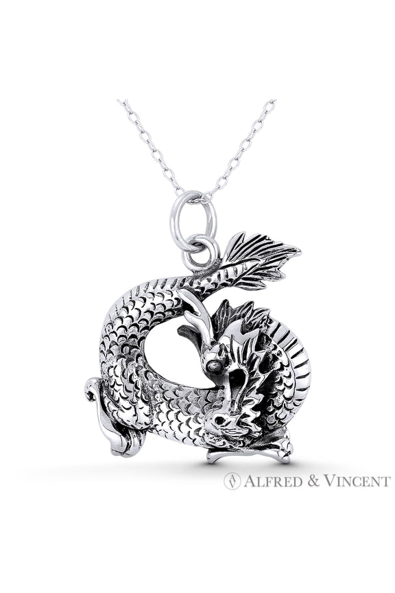 Chinese Dragon Shenlong Feng Shui Good Luck Charm 33x29mm (1.3x1.1in) Pendant in Oxidized .925 Sterling Silver