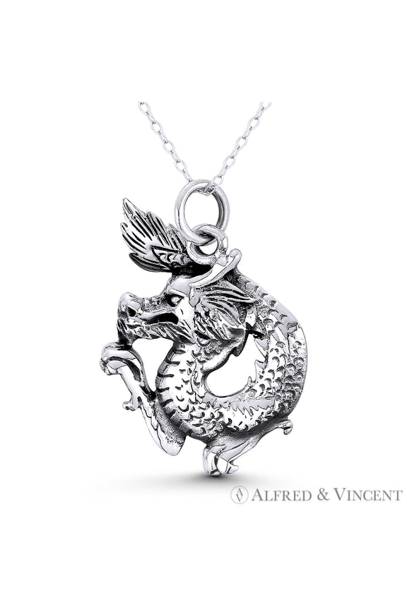 Chinese Dragon Shenlong Feng Shui Good Luck Charm 35x25mm (1.4x1in) Pendant in Oxidized .925 Sterling Silver