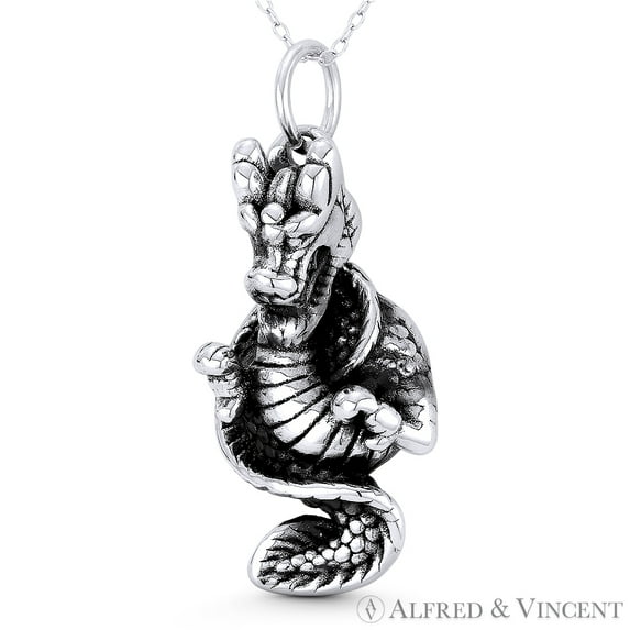 Chinese Dragon Shenlong Feng Shui Good Luck Charm 46x21mm (1.8x0.8in) Pendant in Oxidized .925 Sterling Silver
