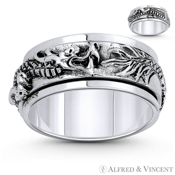 Chinese Dragon Shenlong Feng Shui Good Luck Charm Spinning Ring in Oxidized .925 Sterling Silver