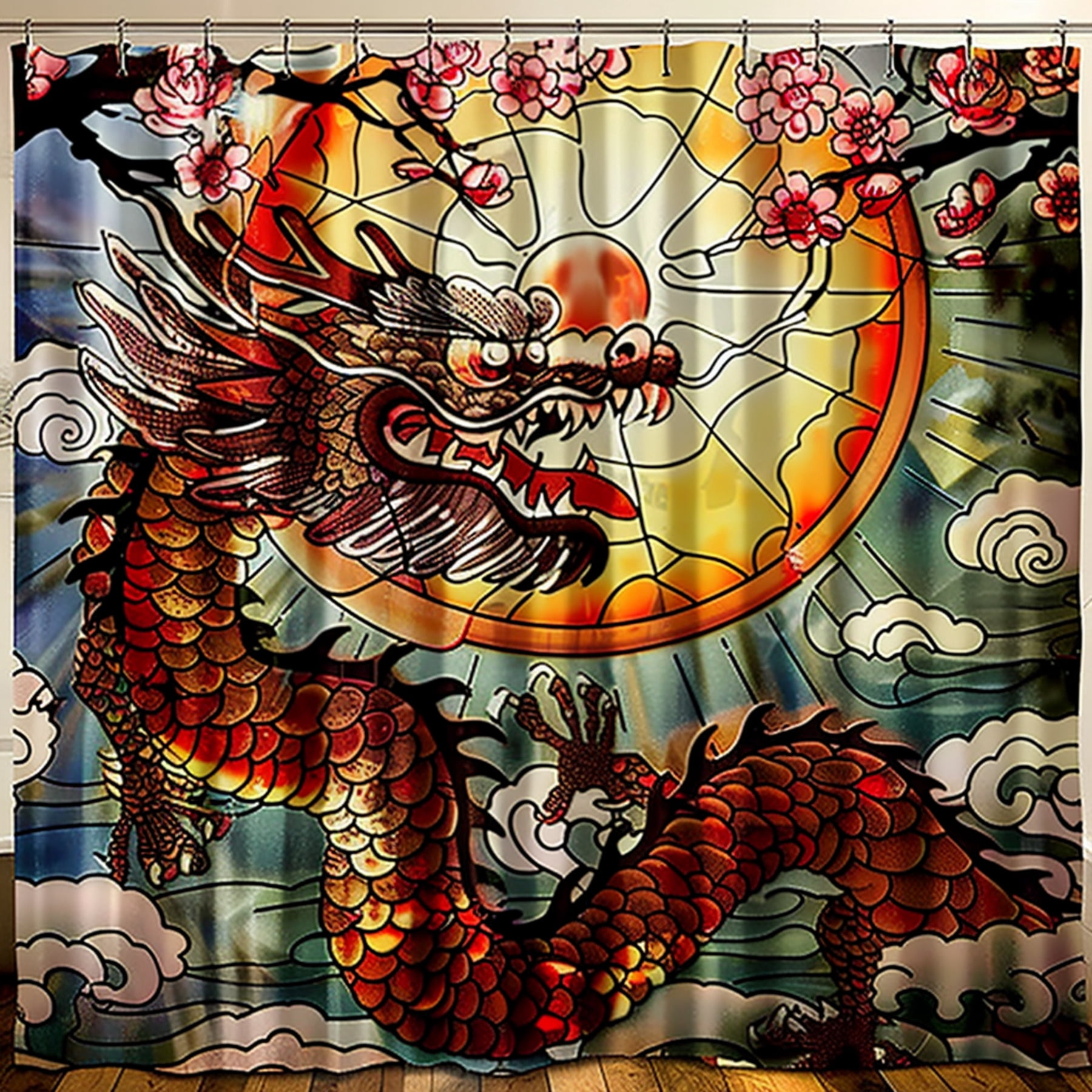 Chinese Dragon Stained Glass Shower Curtain with Cherry Blossoms and
